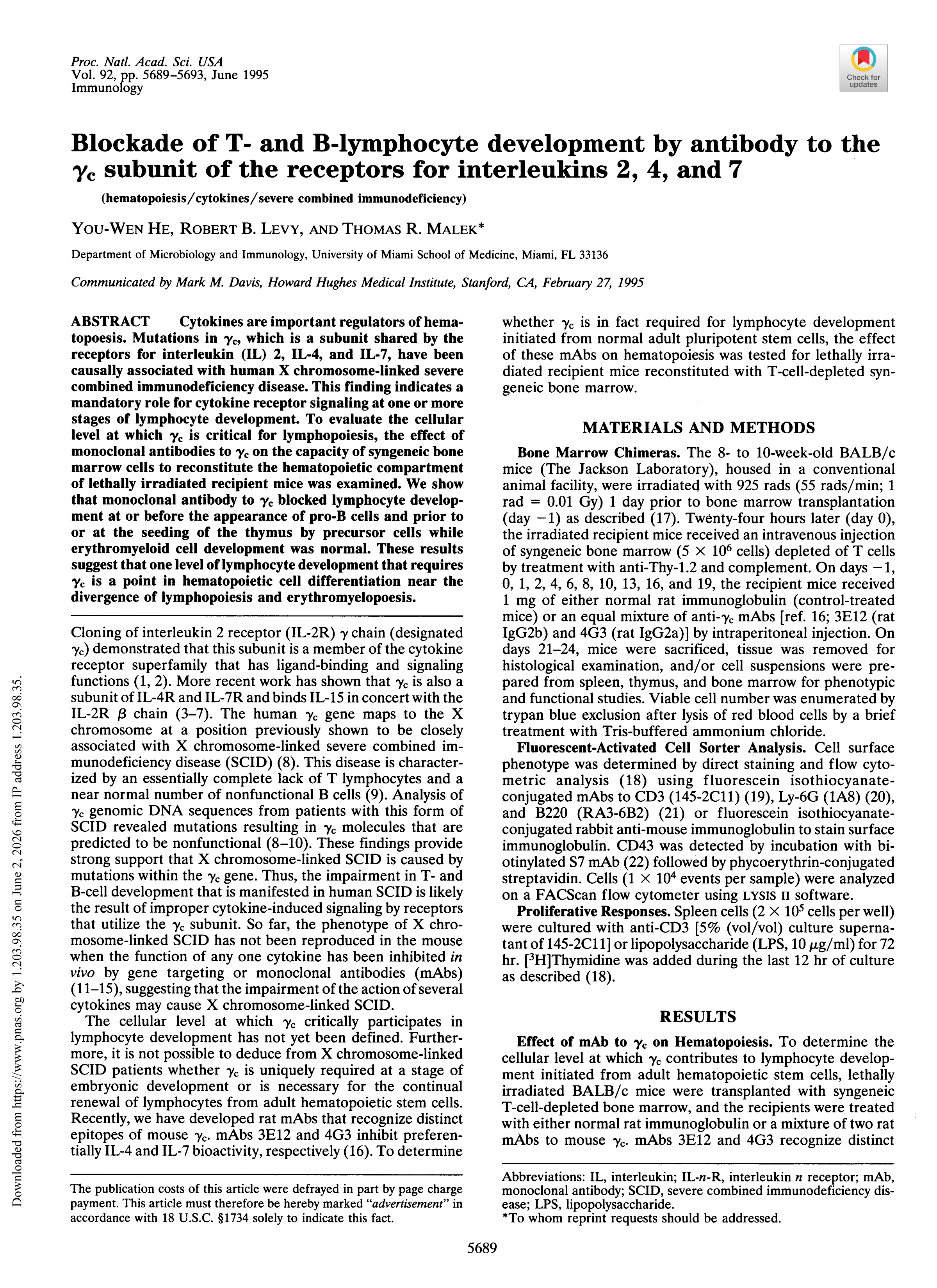 3-Blockade of T- and B-lymphocyte development by antibody to the gamma c subunit of the receptors for interleukins 2, 4, and 7.-1 3-Blockade of T- and B-lymphocyte development by antibody to the gamma c subunit of the receptors for interleukins 2, 4, and 7.-1