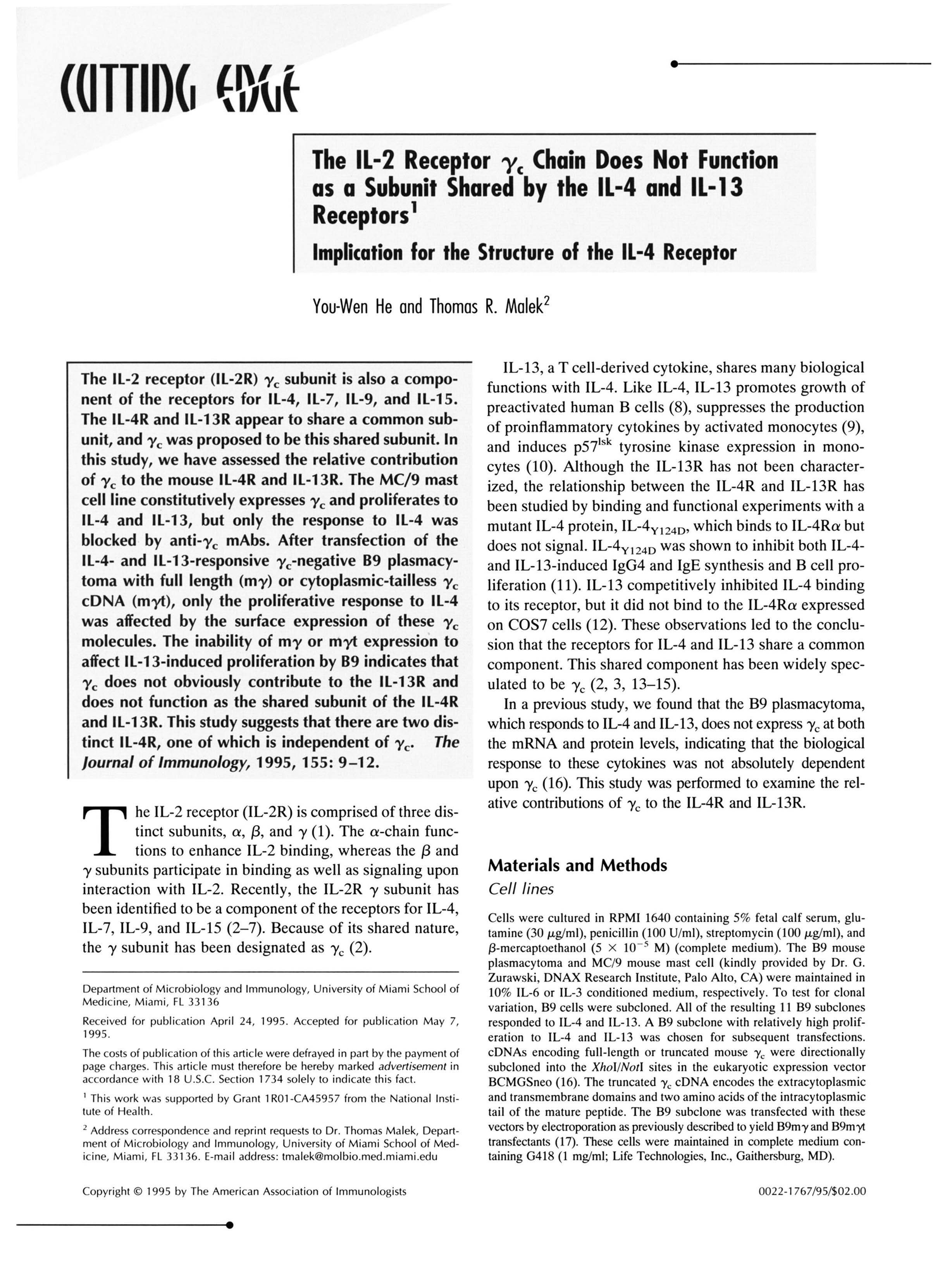 The IL-2 receptor gamma c chain does not function as a subunit shared by the IL-4 and IL-13 receptors.  Implication for the structure of the IL-4 receptor.