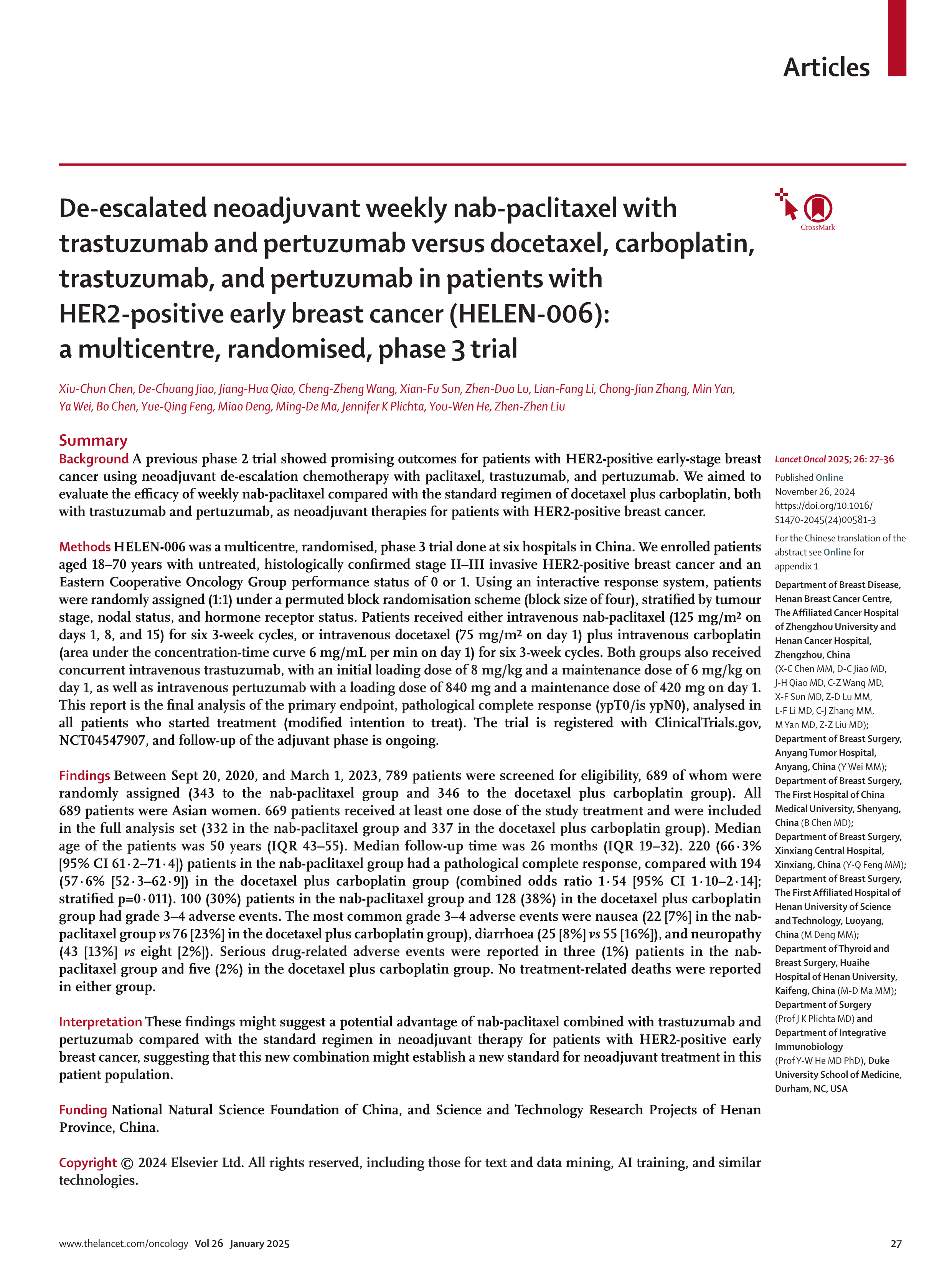 De-escalated neoadjuvant weekly nab-paclitaxel with trastuzumab and pertuzumab versus docetaxel, carboplatin, trastuzumab, and pertuzumab in patients with HER2-positive early breast cancer (HELEN-006)  a multice