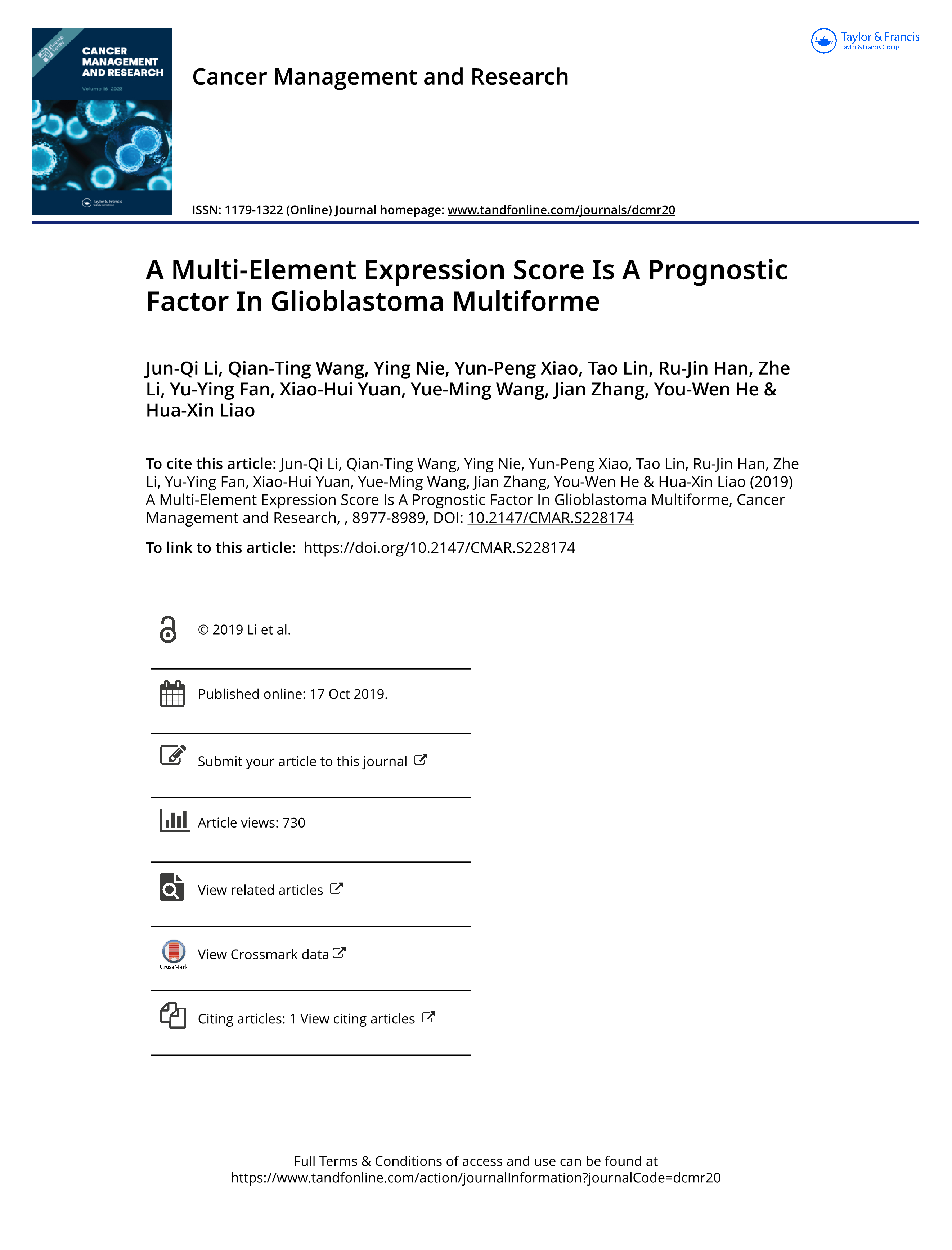 A Multi-Element Expression Score Is A Prognostic Factor In Glioblastoma Multiforme