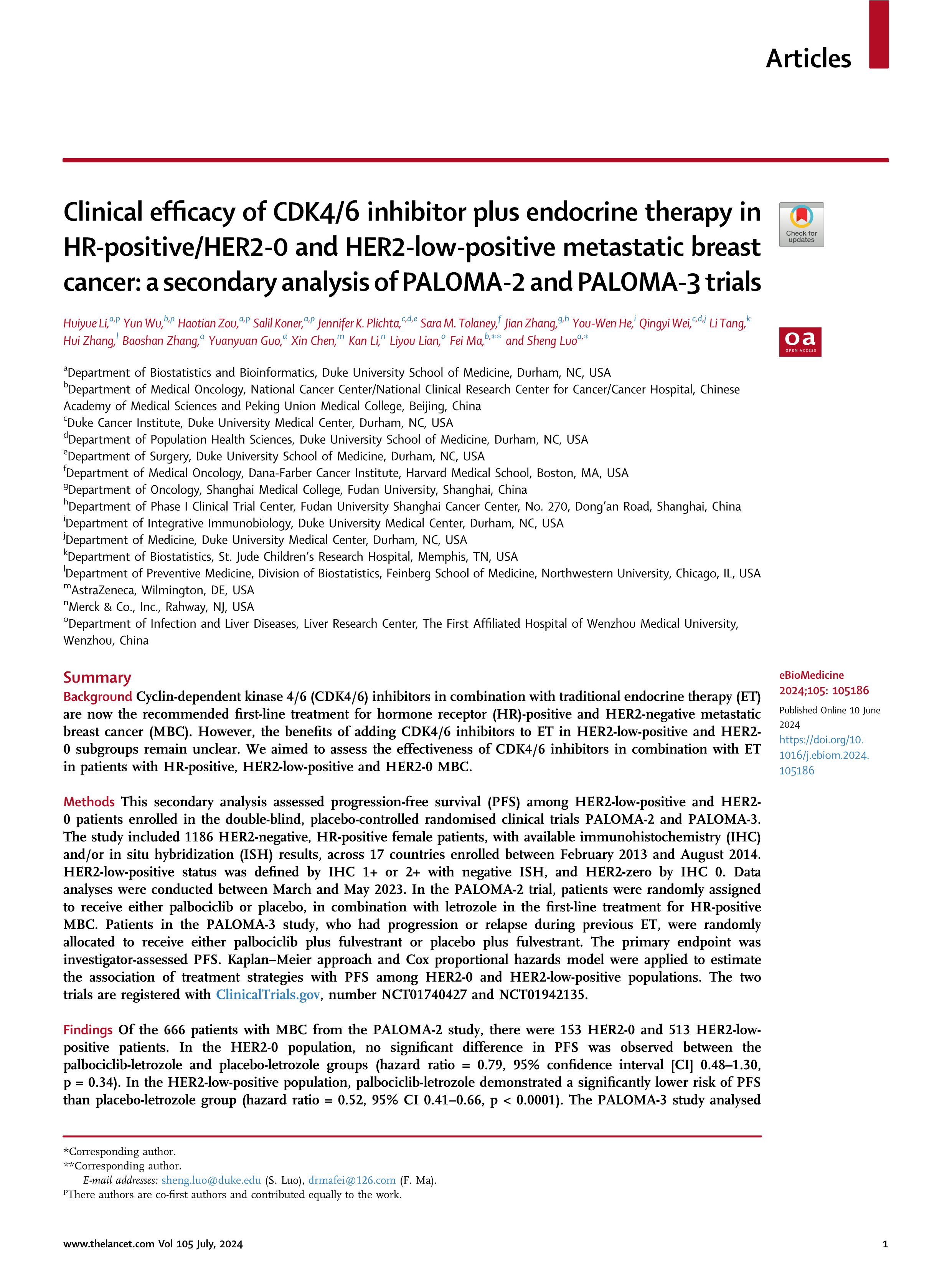 Clinical efficacy of CDK46 inhibitor plus endocrine therapy in HR-positiveHER2-0 and HER2-low-positive metastatic breast cancer