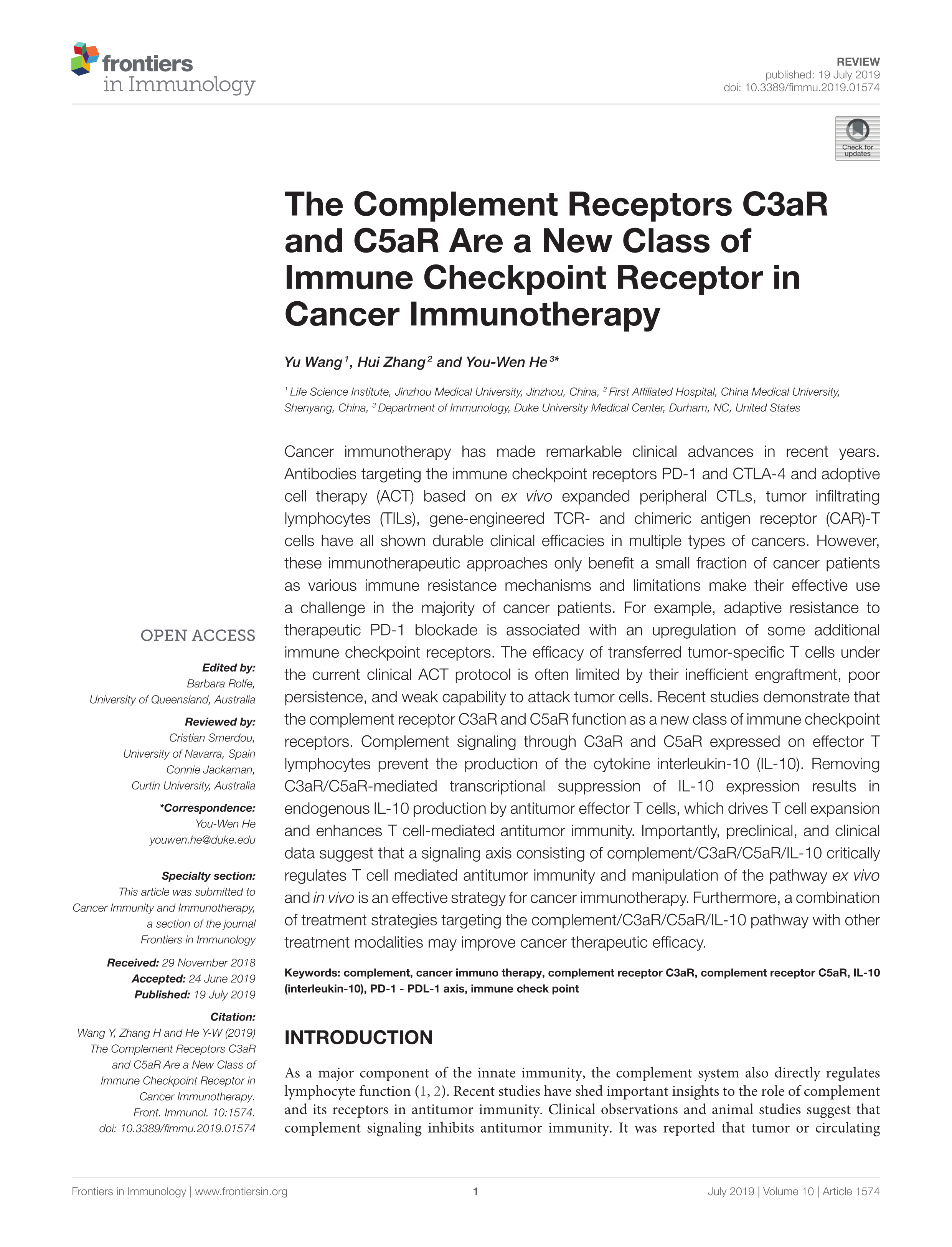 The Complement Receptors C3aR and C5aR Are a New Class of Immune Checkpoint Receptor in Cancer Immunotherapy