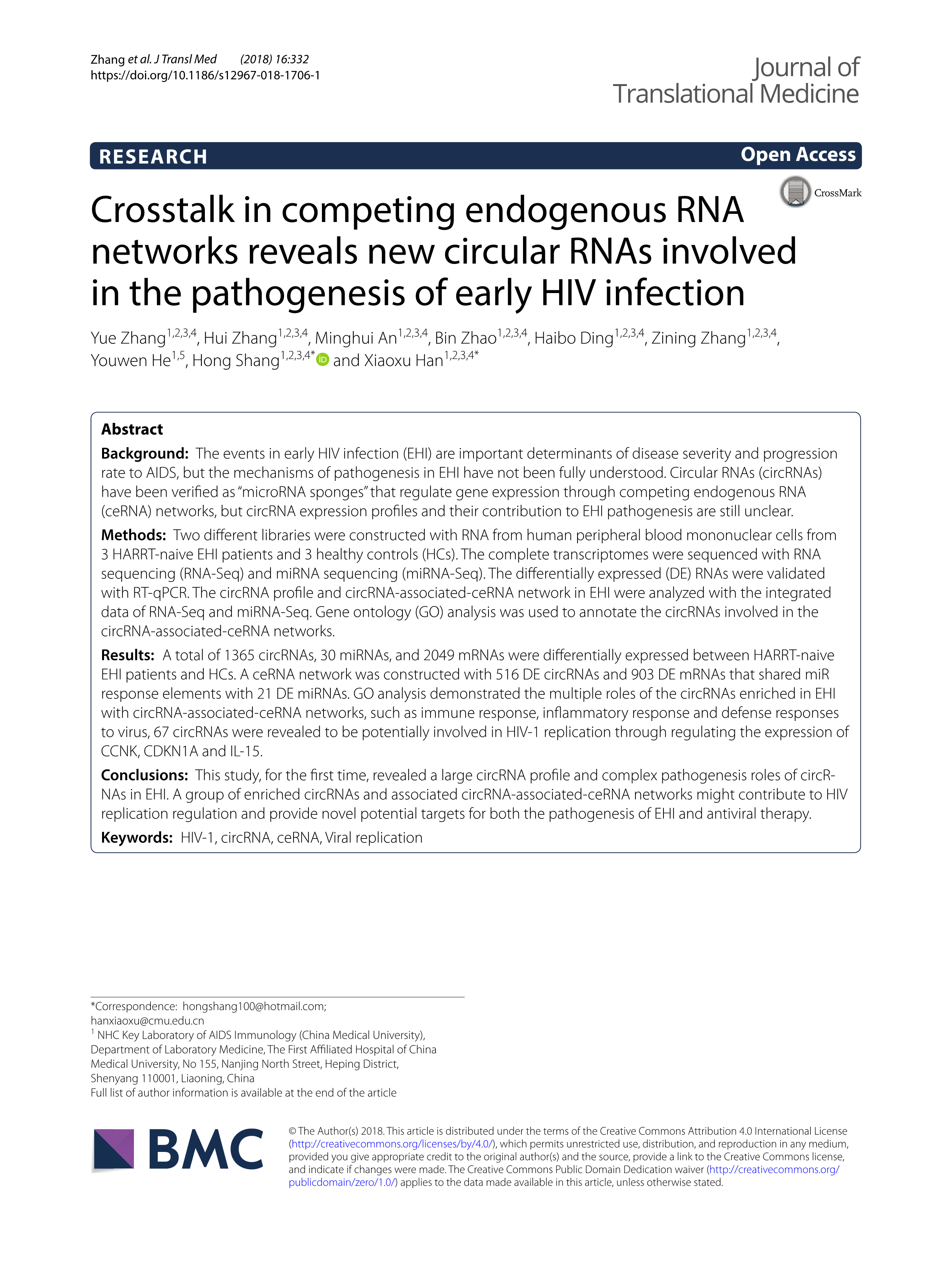 Crosstalk in competing endogenous RNA networks reveals new circular RNAs involved in the pathogenesis of early HIV infection.