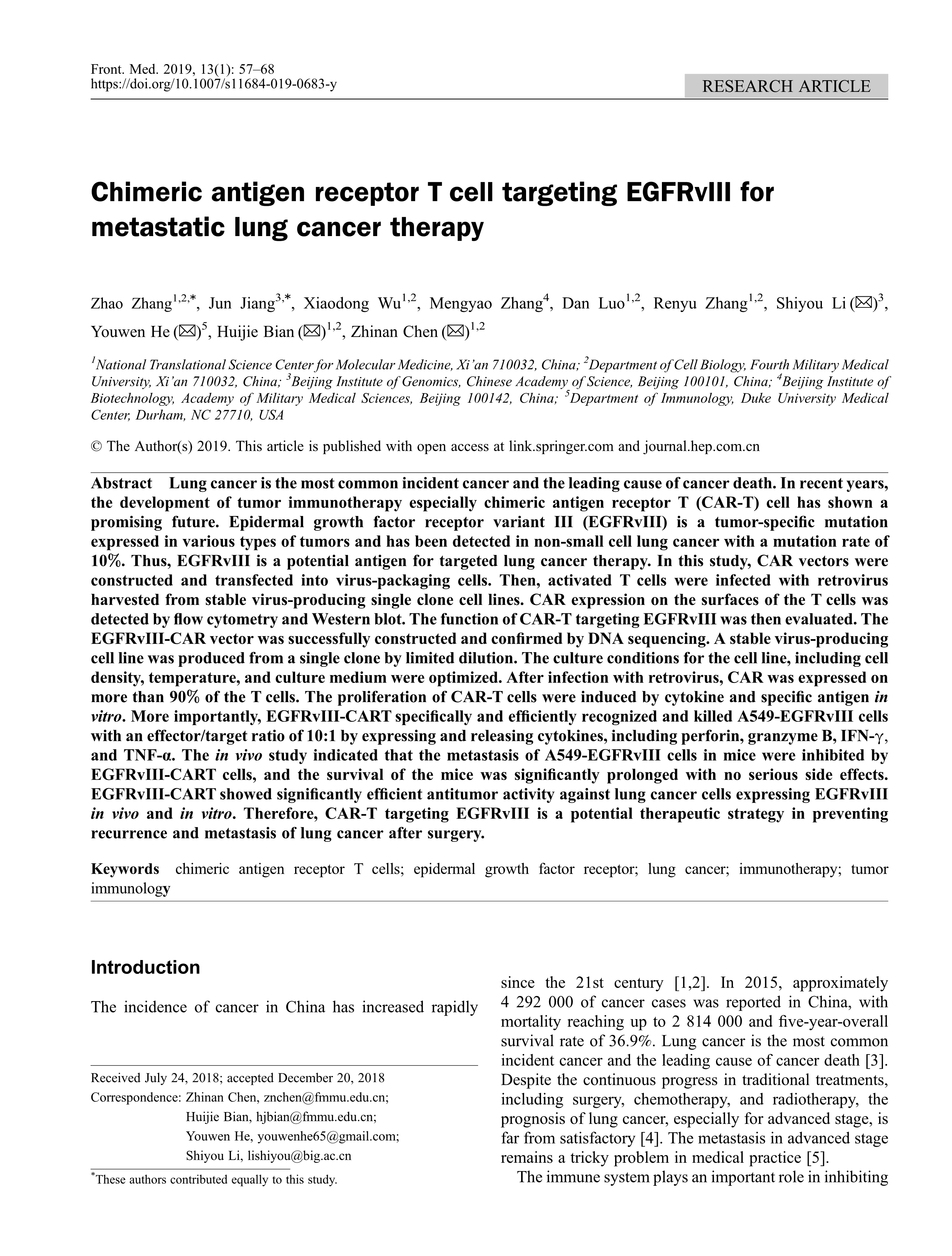 Chimeric antigen receptor T cell targeting EGFRvIII for metastatic lung cancer therapy