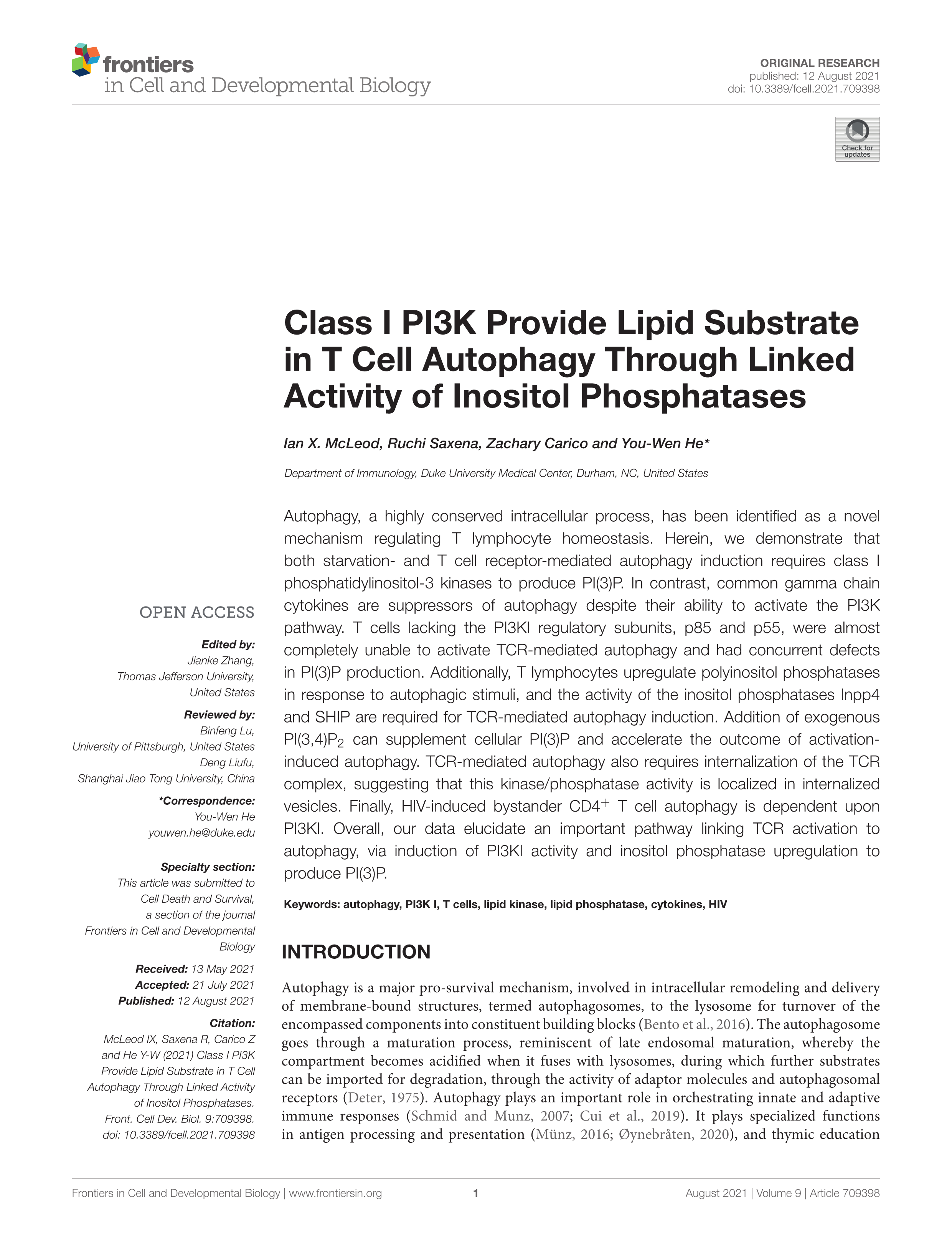 Class I PI3K Provide Lipid Substrate in T Cell Autophagy Through Linked Activity of Inositol Phosphatases.