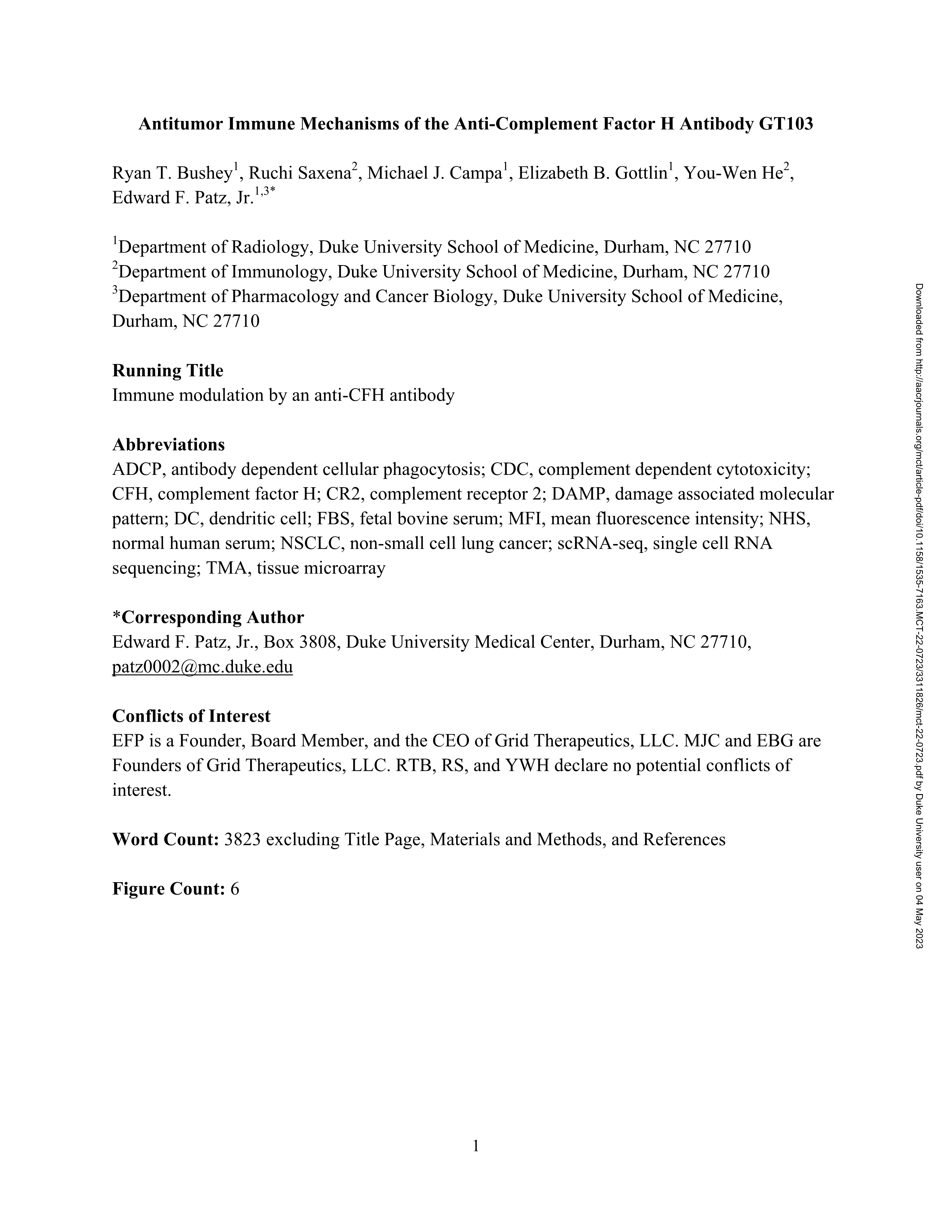 Antitumor Immune Mechanisms of the Anti-Complement Factor H Antibody GT103