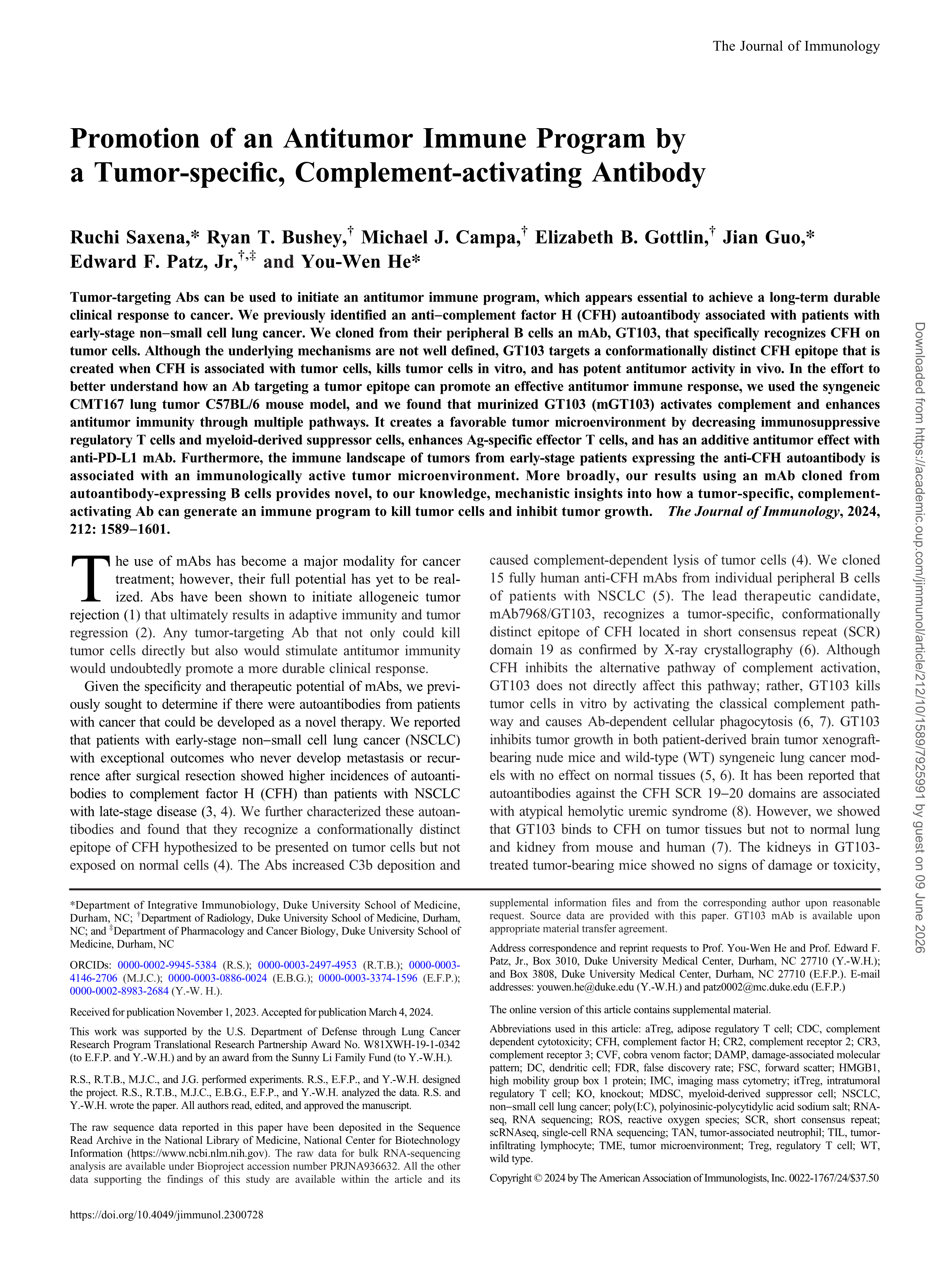 Promotion of an Antitumor Immune Program by a Tumor-specific, Complement-activating Antibody