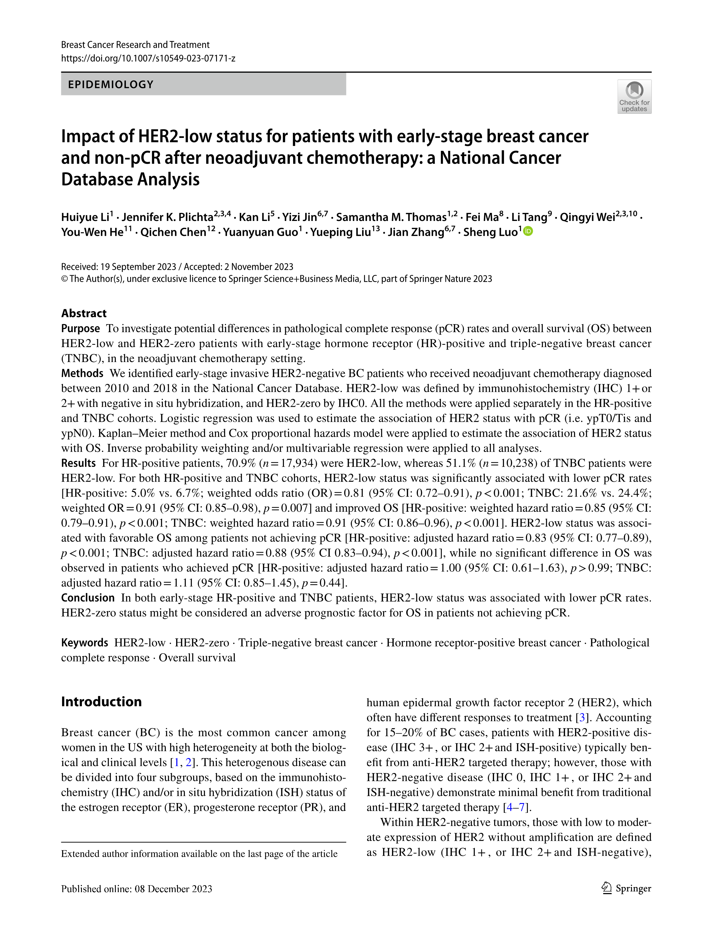 Impact of HER2-low status for patients with early-stage breast cancer and non-pCR after neoadjuvant chemotherapy_ a National Cancer Database Analysis