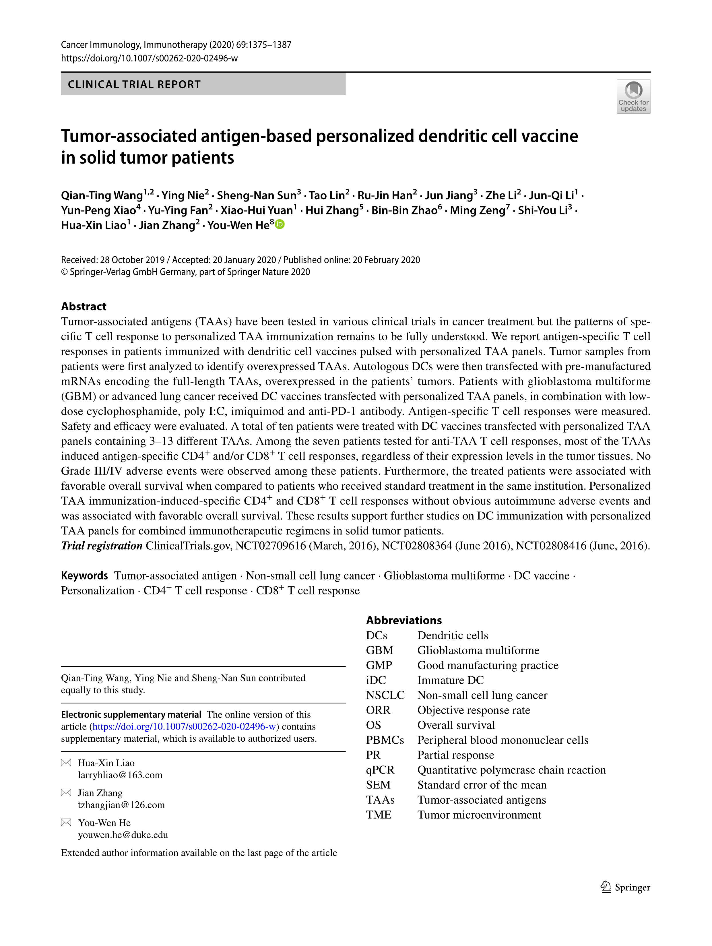 Tumor-associated antigen-based personalized dendritic cell vaccine in solid tumor patients