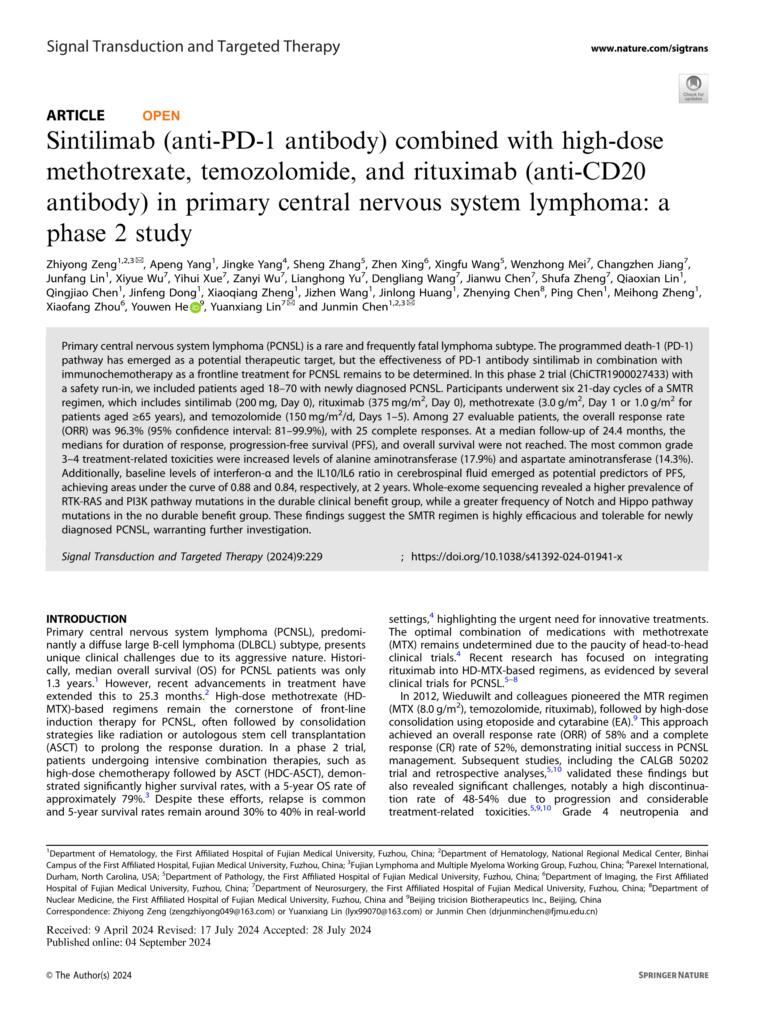 Sintilimab (anti-PD-1 antibody) combined with high-dose methotrexate, temozolomide, and rituximab (anti-CD20 antibody) in primary central nervous system lymphoma a phase 2 study