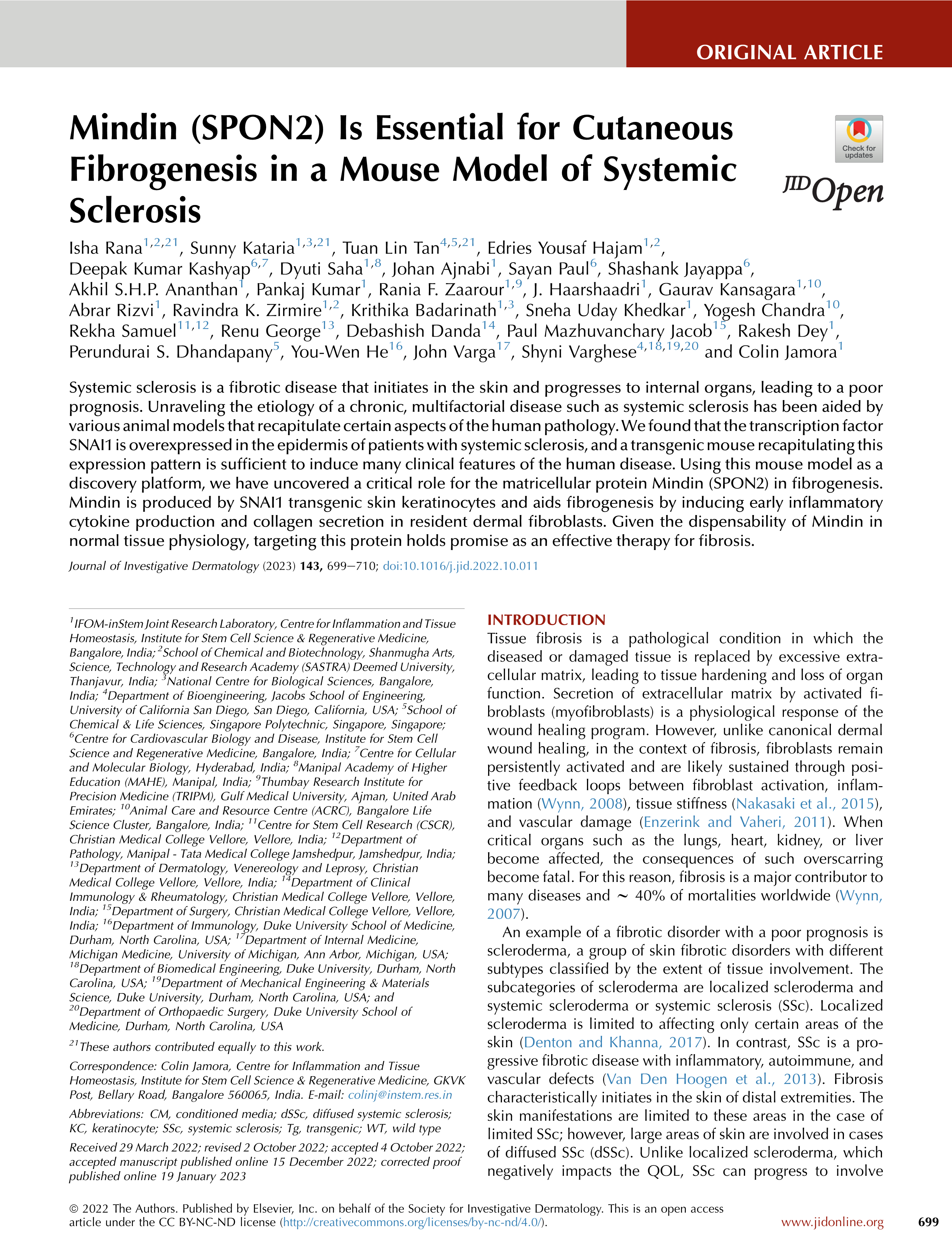 Mindin (SPON2) Is Essential for Cutaneous Fibrogenesis in a Mouse Model of Systemic Sclerosis