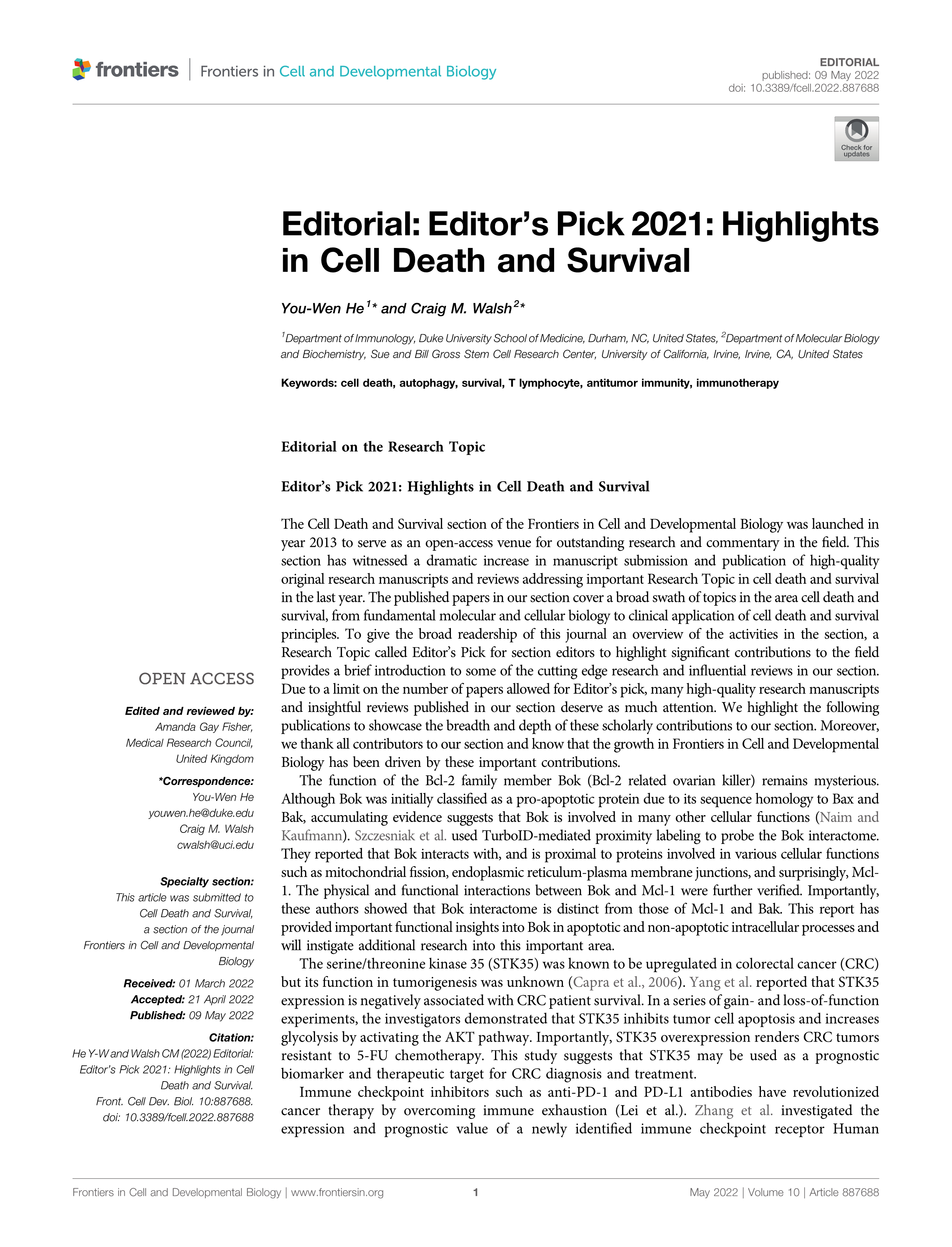 Editorial: Editor’s Pick 2021: Highlights in Cell Death and Survival