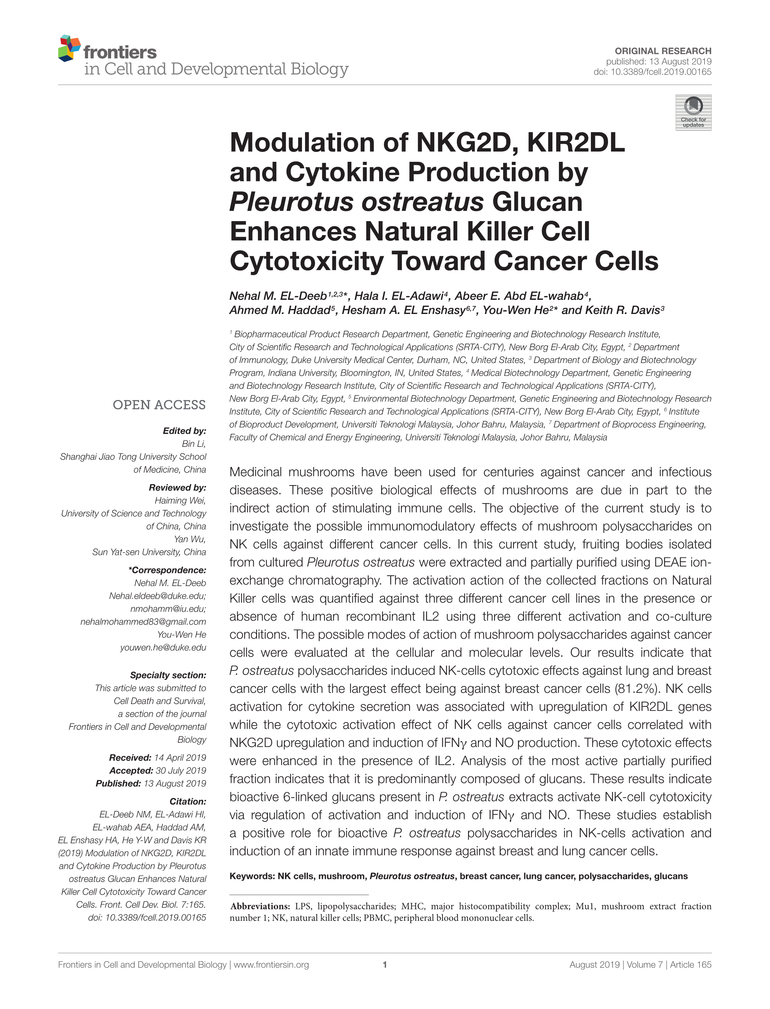 Modulation of NKG2D, KIR2DL and cytokine production by pleurotus ostreatus glucan enhances natural killer cell cytotoxicity toward cancer cells.